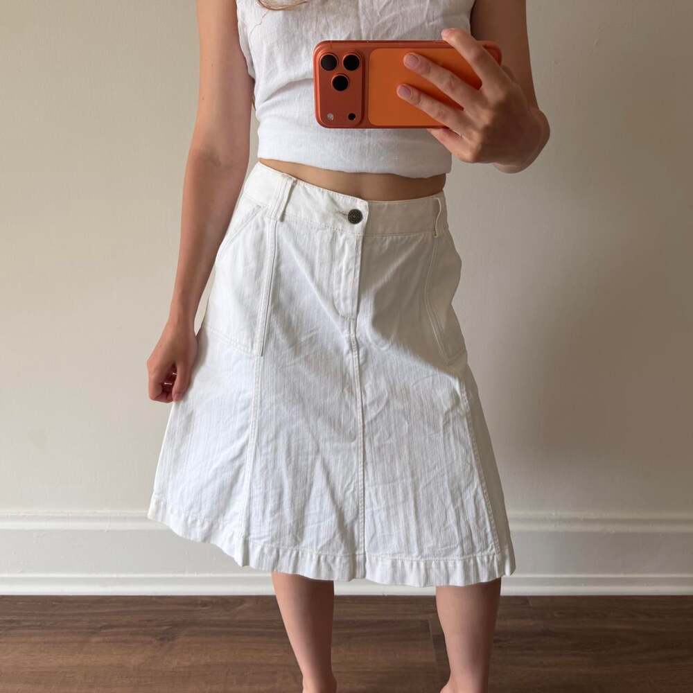 Vintage Eddie Bauer 100% cotton thick white denim midi skirt with pockets